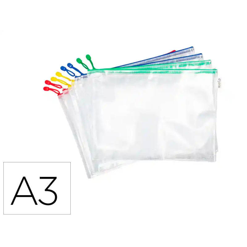 Bolsa multiusos djois zipper con cremallera din a3 pack de 8 unidades colores surtidos