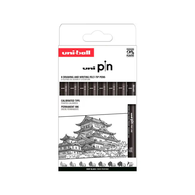 Rotulador uniball pin calibrado micrometrico clasico i color negro blister de 8 unidades