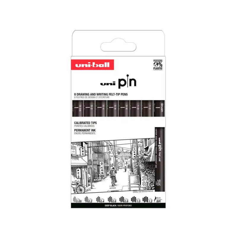 Rotulador uniball pin calibrado micrometrico clasico ii color negro blister de 8 unidades