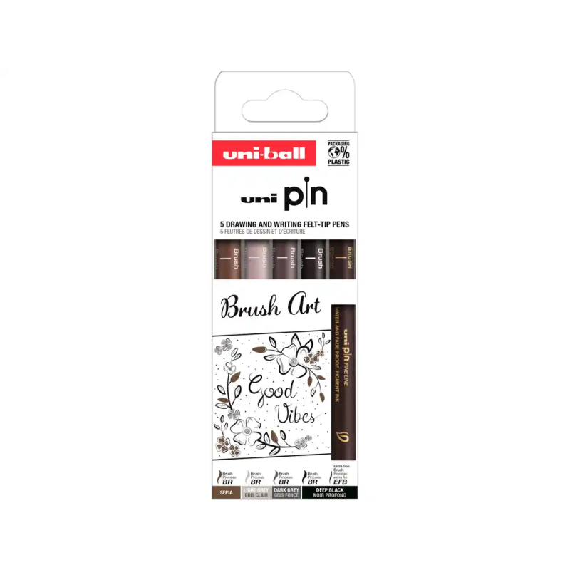 Rotulador uniball pin punta pincel flexible blister de 5 unidades colores surtidos