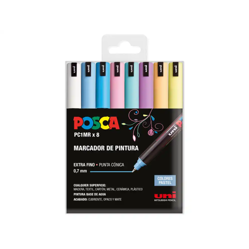 Rotulador uni posca pc-1m marcador de pintura punta extrafina 0,7 mm blister de 8 unidades colores pastel