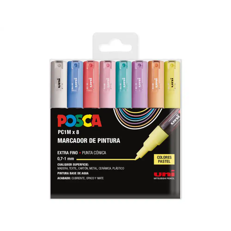 Rotulador uni posca pc-1m marcador de pintura punta extrafina 0,7 mm blister de 8 unidades colores pastel