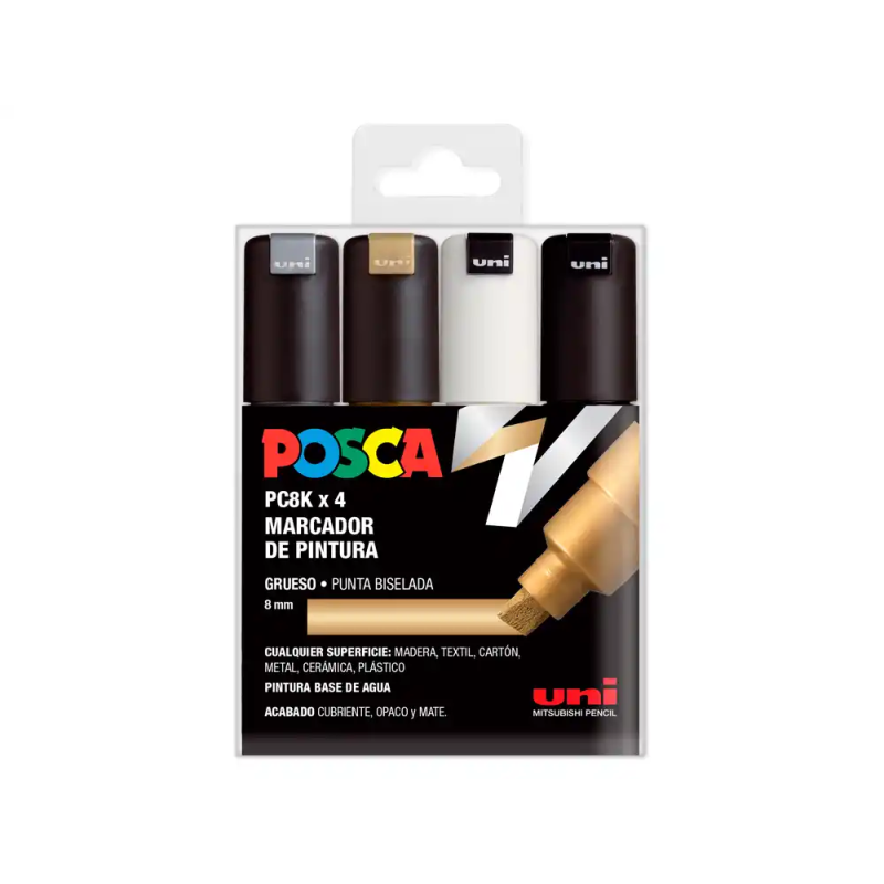 Rotulador uni posca pc-8k/4c marcador de pintura punta biselada 8 mm blister de 4 unidades colores surtidos