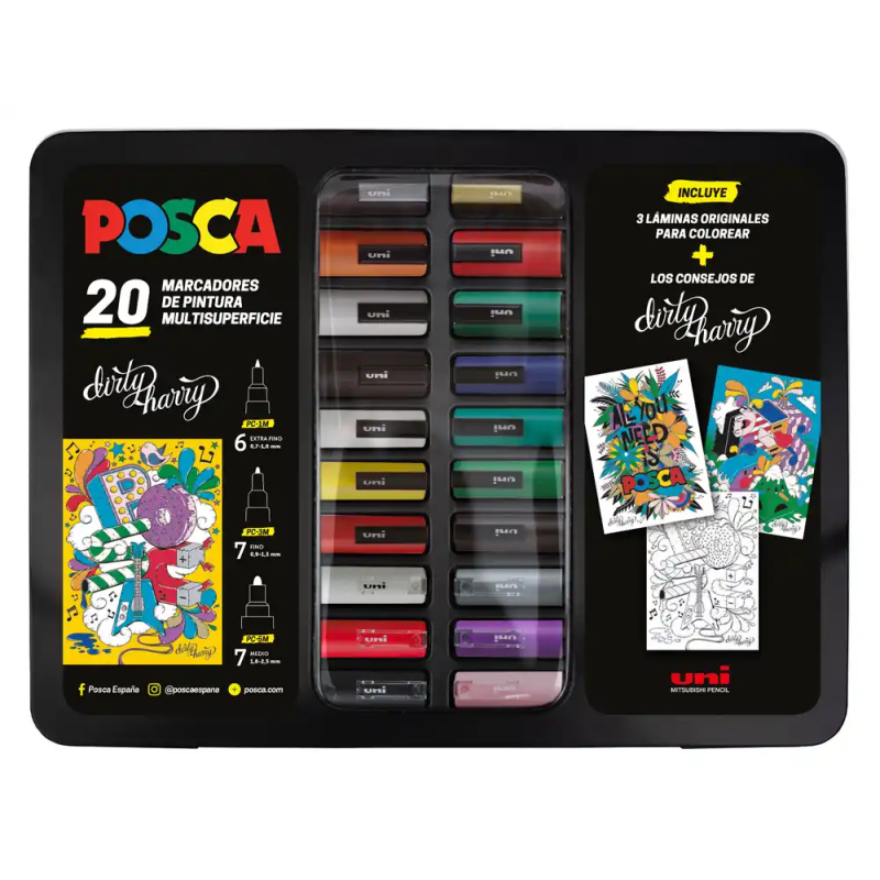 Rotulador uni posca dirty harry marcador de pintura punta conica maletin metalico de 20 unidades colores
