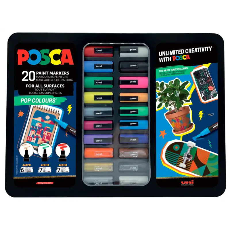 Rotulador uni posca pop colours marcador de pintura punta conica maletin metalico de 20 unidades colores