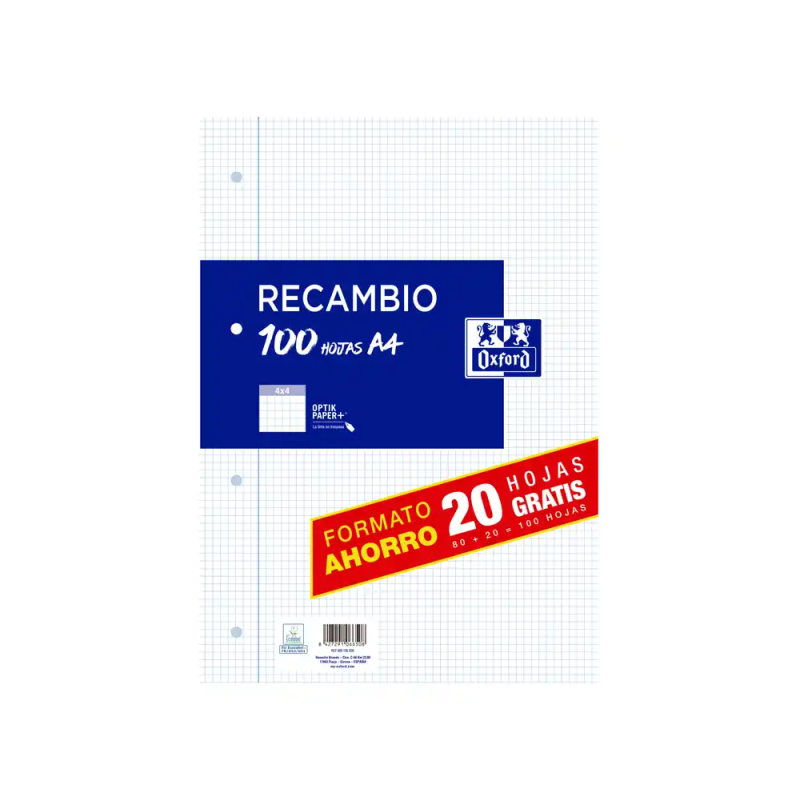Recambio oxford din a4 80+20 hojas gratis 90 gr cuadro 4 mm 4 taladros