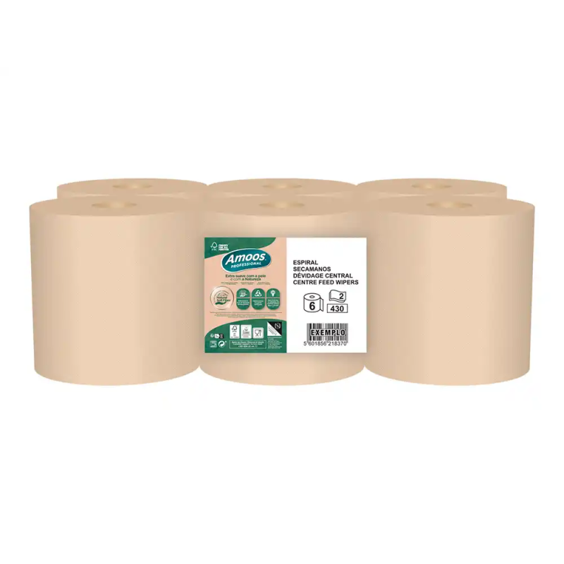 Papel secamanos amoos naturally soft 2 capas pasta cruda paquete de 6 rollos 125 m