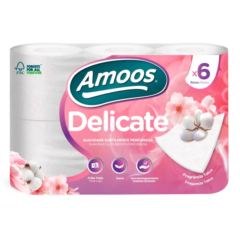 Papel higienico amoos delicate 3 capas color blanco paquete de 6 rollos 20 m