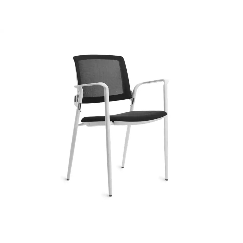 Silla rocada confidente brazos fijos estructura metalica blanca asiento tela ignifuga respaldo de malla
