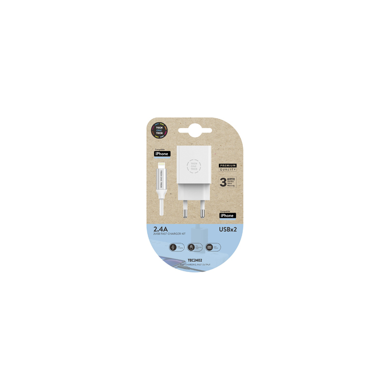 Cargador doble blanco+cable braided nylon lightning (para apple), alto rendimiento2,4ª