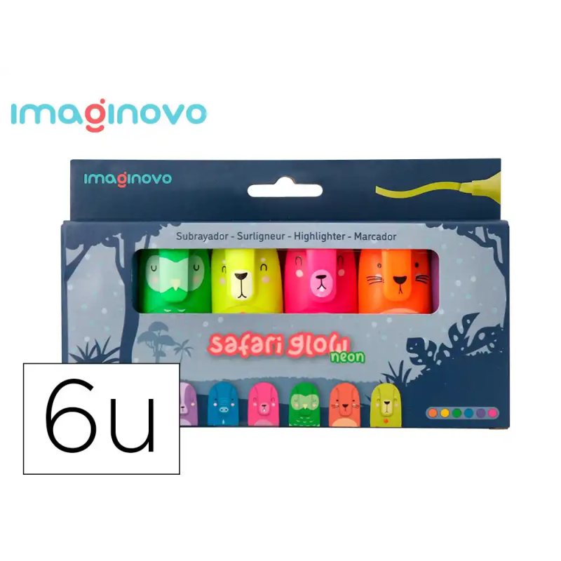 Rotulador imaginovo fluorescente safari glow neon animales y clip caja de 6 unidades surtidas