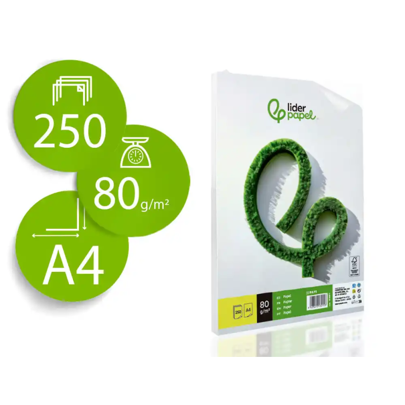 Papel liderpapel a4 80g/m2 liso paquete de 250 hojas
