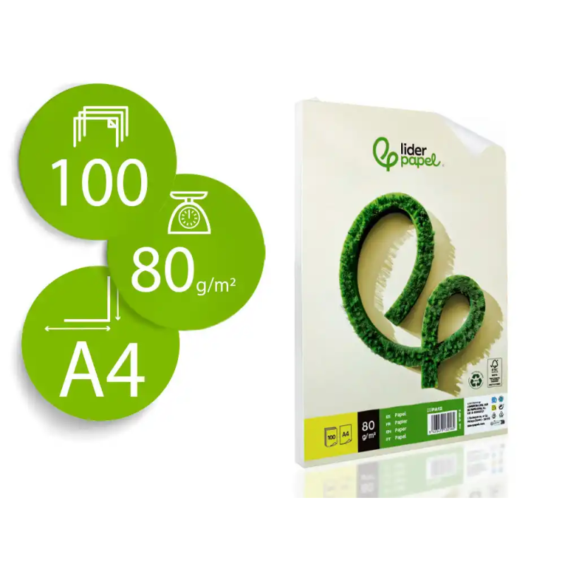 Papel liderpapel a4 80g/m2 reciclado liso paquete de 100 hojas