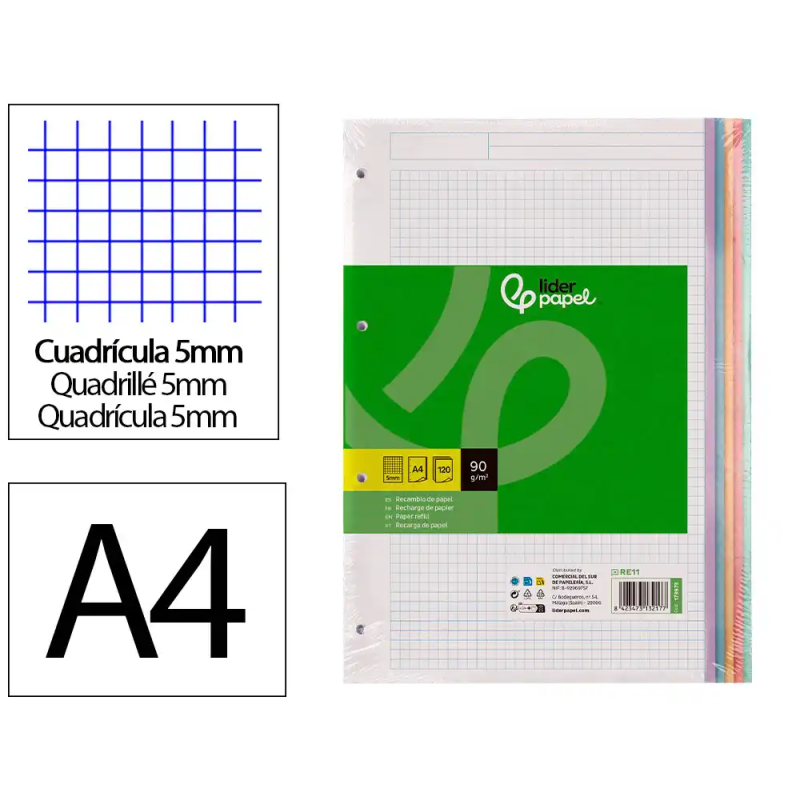 Recambio liderpapel a4 120 hojas 90gr cuadro 5 mm 4 taladros bandas de 5 colores pasteles