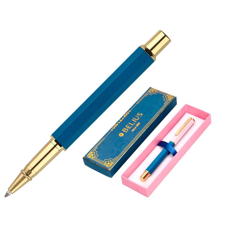 Boligrafo belius macaron bliss forma hexagonal color rosa/ azul y dorado tinta azul caja de diseño