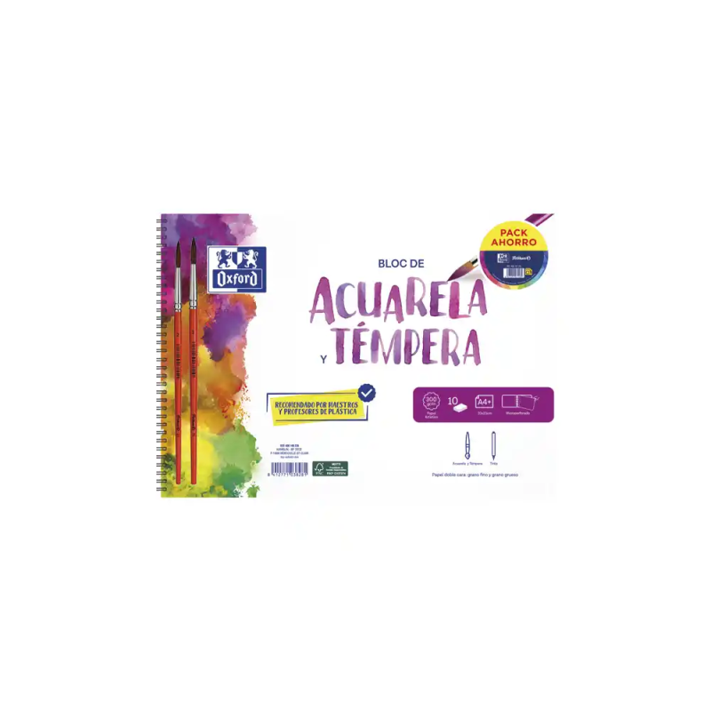 Bloc de dibujo oxford acuarela espiral din a4+ 10 hojas microperforado con pinceles
