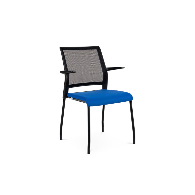 Silla rocada confidente brazos fijos estructura metalica asiento tela ignifuga azul respaldo malla
