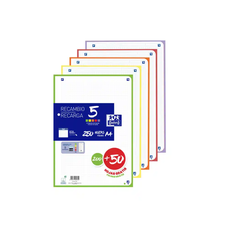 Recambio oxford din a4 200+50 hojas gratis cuadro 5 mm 4 taladros con banda 5 colores vivos