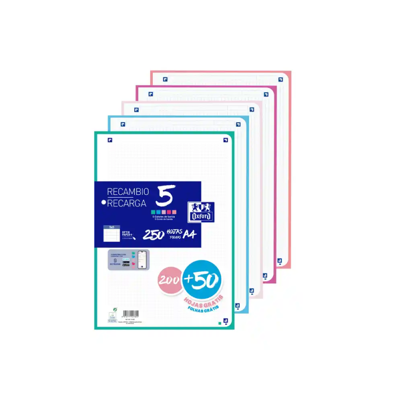 Recambio oxford din a4 200+50 hojas gratis cuadro 5 mm 4 taladros con banda 5 colores pastel