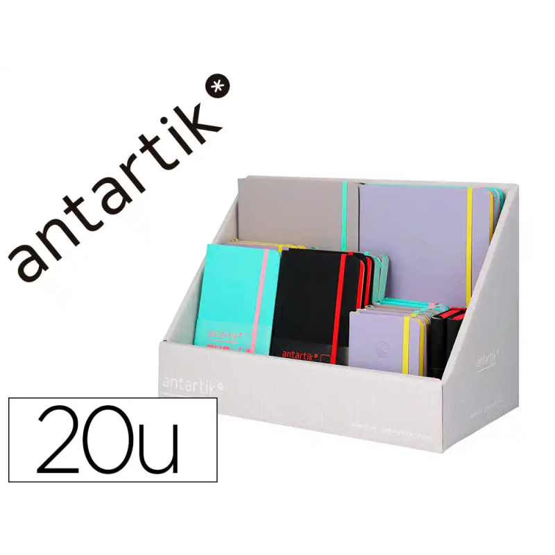 Cuaderno con gomilla antartik note tapa dura bicolor a5/a6/a7 expositor de 20 unidades surtidas