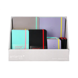 Cuaderno con gomilla antartik note tapa dura bicolor a5/a6/a7 expositor de 20 unidades surtidas