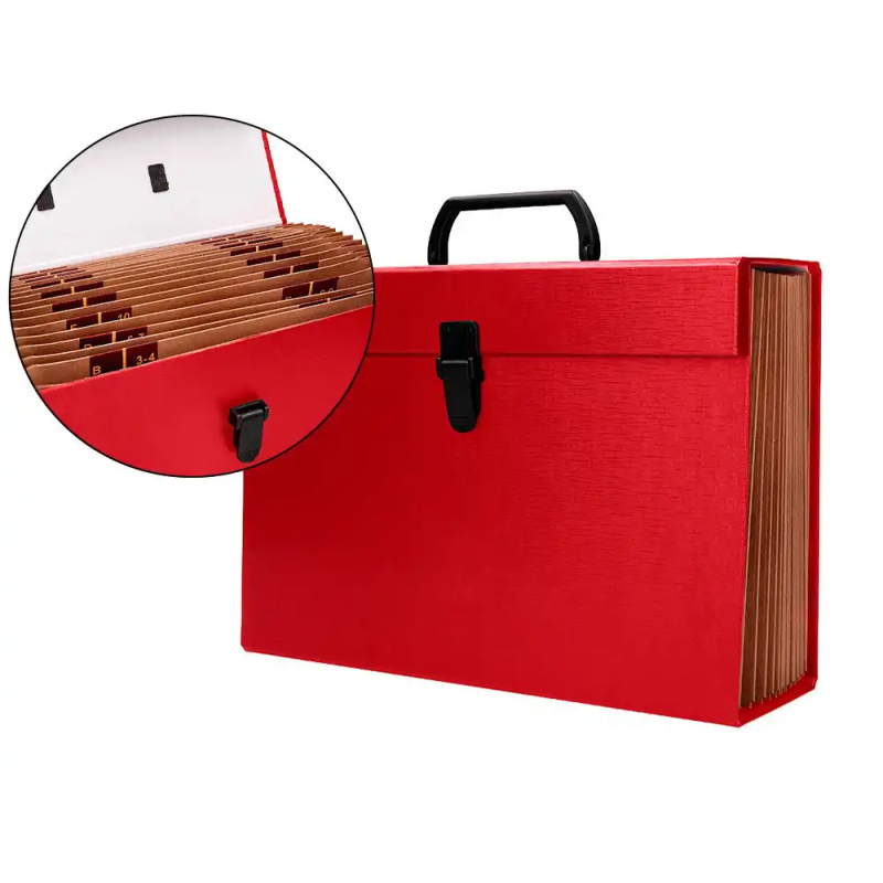 Maletin liderpapel con fuelle y asa carton forrado 19 departamentos 255x390x120 mm color rojo