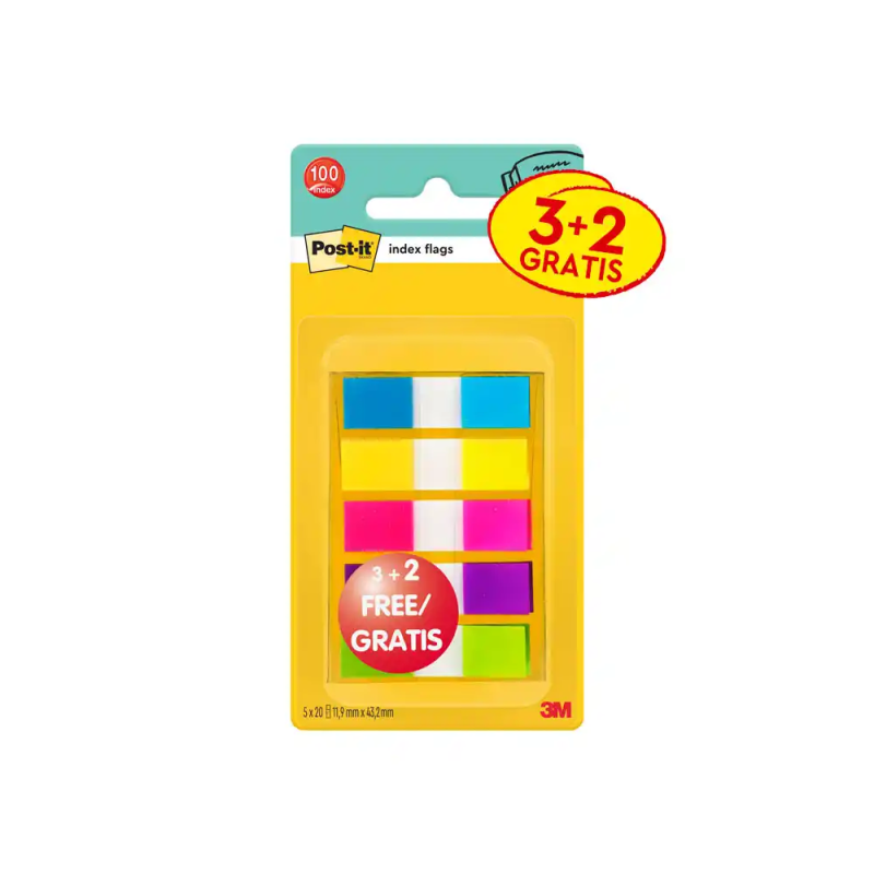 Banderitas separadoras post-it pequeña 11,9x43,2 mm dispensador 60 hojas+40 hojas gratis 5 colores surtidos
