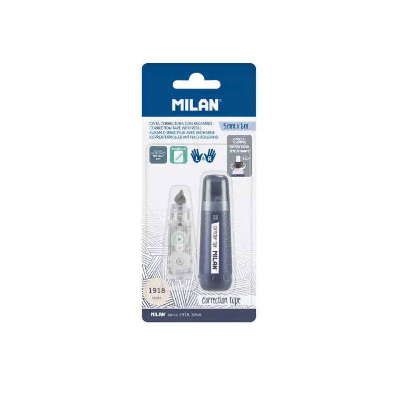 Cinta correctora milan 5 mm x 6 m coleccion 430 since 1918 azul marino blister de 1 unidad + 1 recambio