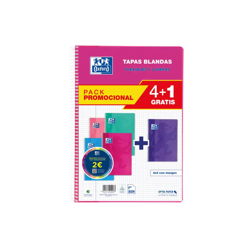 Cuaderno espiral oxford tapa blanda folio 80 hojas 90gr cuadro 4 mm colores tendencias pack de 4+1