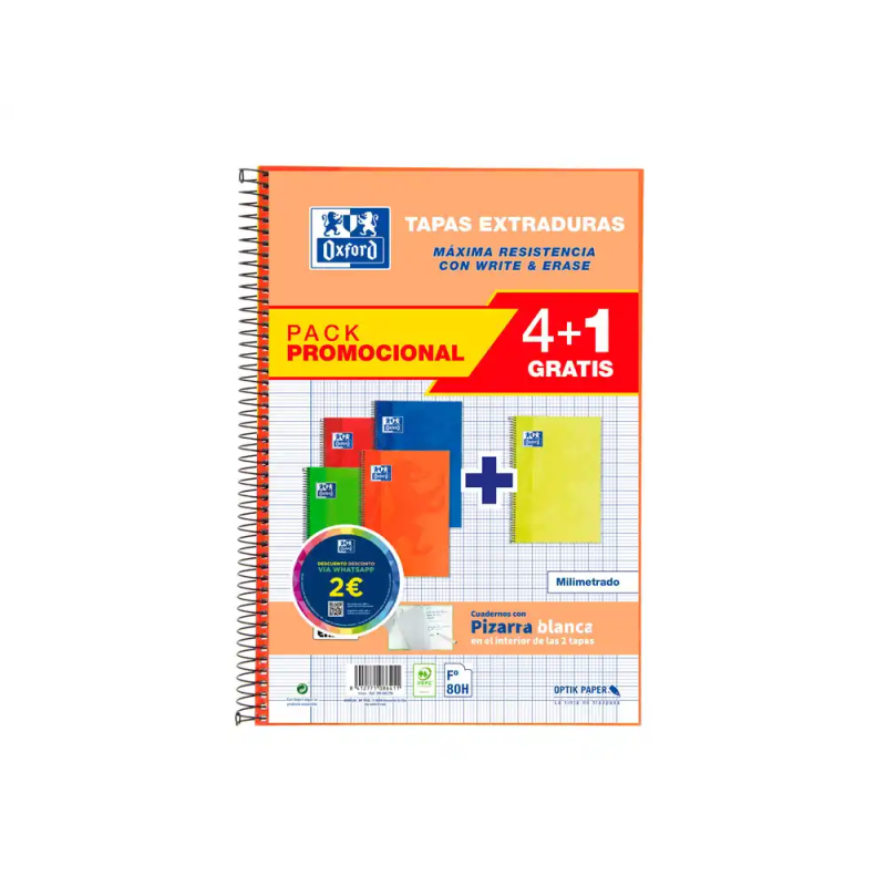 Cuaderno espiral oxford tapa extradura folio 80 hojas 90 gr milimetrado colores vivos pack de 4+1 unidades