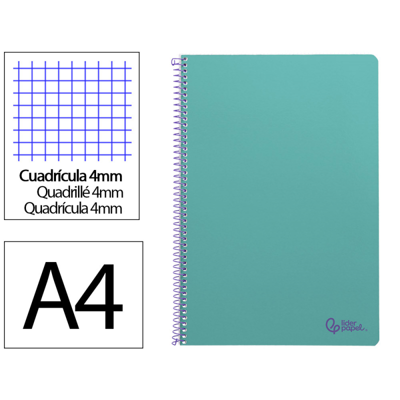 Cuaderno espiral liderpapel a4 smart tapa blanda 80h 75gr cuadro 4mm con margen color turquesa