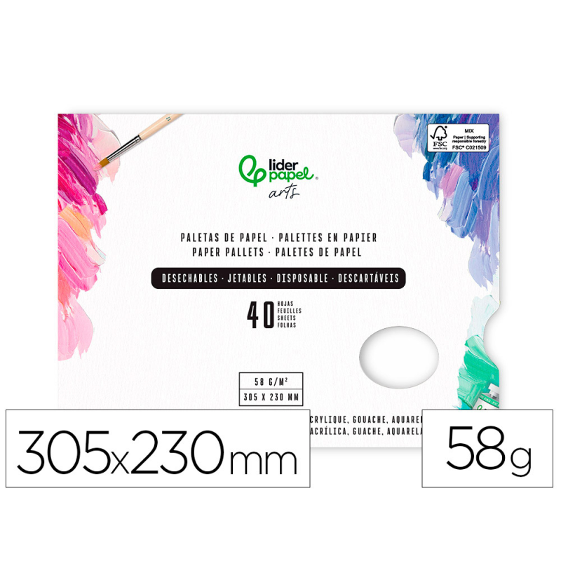 Paletas de papel desechables liderpapel para pintura 40 hojas gramaje 58g/m2 con agujero para pulgar