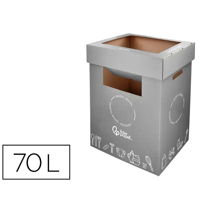 Contenedor papelera reciclaje liderpapel carton reciclado para restos no reciclables 70 litros 450x350x650 mm gris