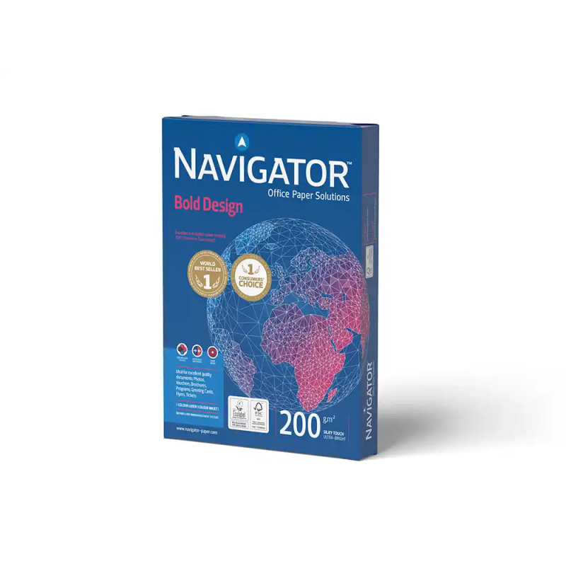 Papel fotocopiadora navigator bold design din a4 200 gr papel multiuso ink-jet y laser paquete de 150 hojas
