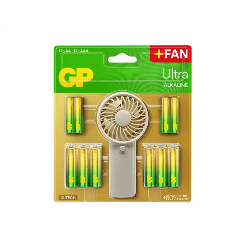 Pila gp ultra alcalina blister de 12 unidades aa + 12 unidades aaa + ventilador de mano