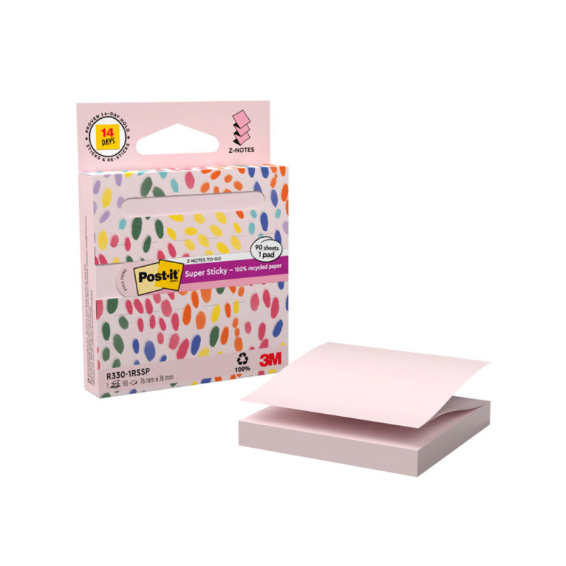 Bloc de notas adhesivas quita y pon post it z-notas super sticky 100% pefc 76x76 mm dispensador 90 hojas rosa