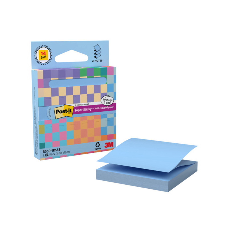 Bloc de notas adhesivas quita y pon post it z-notas super sticky 100% pefc 76x76 mm dispensador 90 hojas azul