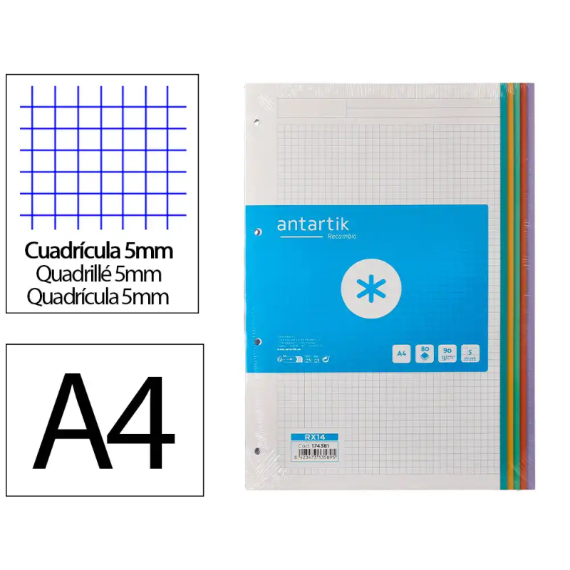 Recambio antartik a4 80 hojas 90gr cuadro 5 mm 4 taladros bandas de 5 colores pasteles