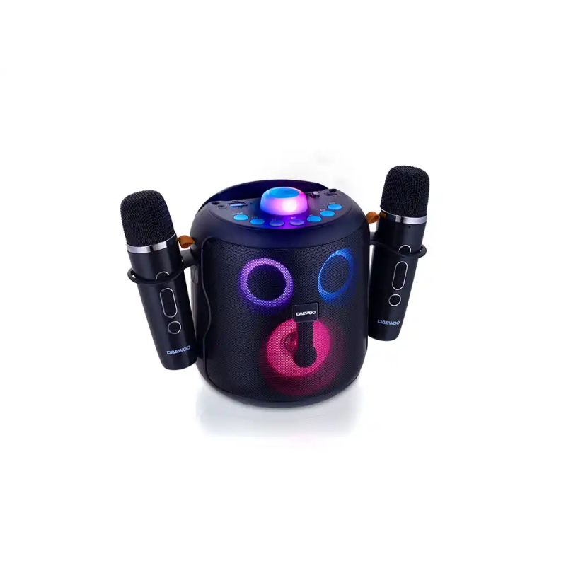 Altavoz daewoo karaoke 15w bluetooth luces led radio fm 2 microfonos inalambricos color negro