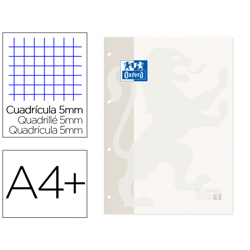 Recambio color 1 oxford din a4+ 80 hojas 90 gr cuadro 5 mm 4 taladros color blanco