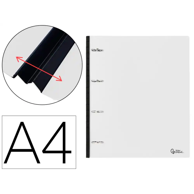 Carpeta liderpapel 4 anillas redondas 25 mm polipropileno din a4 ultra compacta con lomo extensible 4 cm translucida