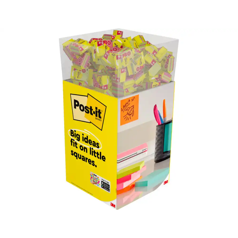 Bloc de notas adhesivas quita y pon post-it cubo 76x76 mm expositor suelo de 96 unidades surtidas 400x400x900 mm