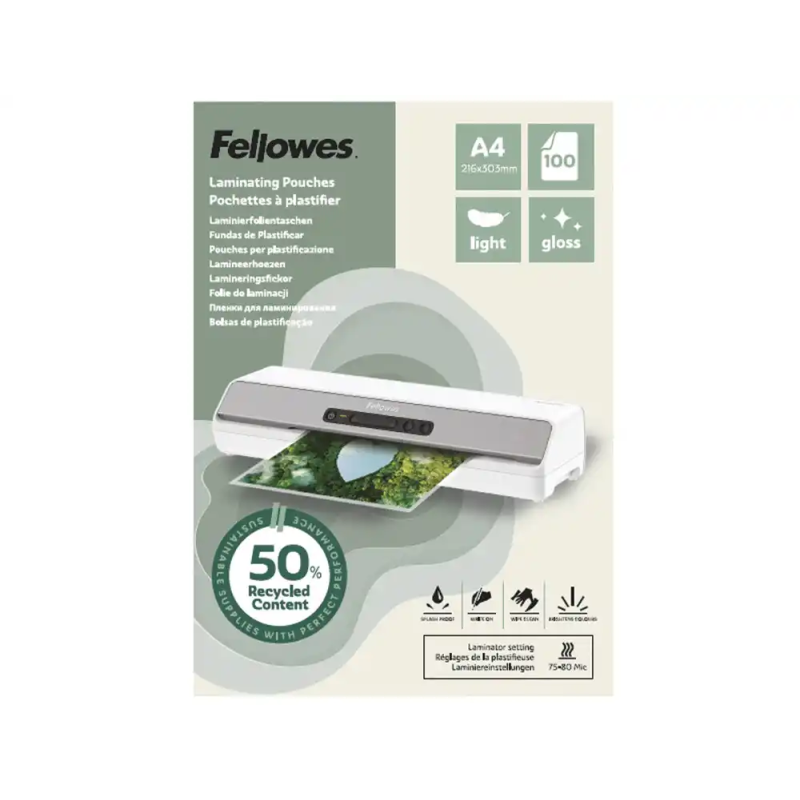 Bolsa de plastificar fellowes recicladas brillo din a4 80 mc pack de 100 unidades