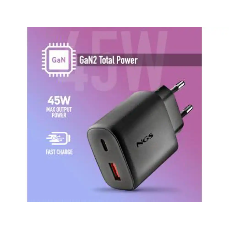 Cargador ngs de pared gan ultrarapido para portatil 45w con 2 puertos: usb-c a usb-a