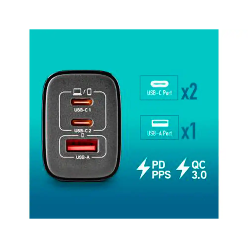 Cargador ngs de pared gan ultrarapido para portatil de 65w con 3 puertos: 2 usb-c y 1 usb-a