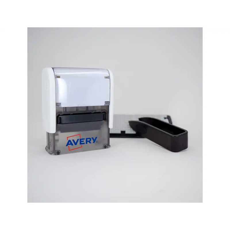 Sello avery especial tejidos personalizable 3 lineas 288 caracteres con pinza y tira termoadhesiva lavable negro