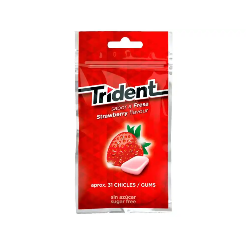 Chicle trident grageas sabor fresa sin azucar bolsa de 43,5 gr