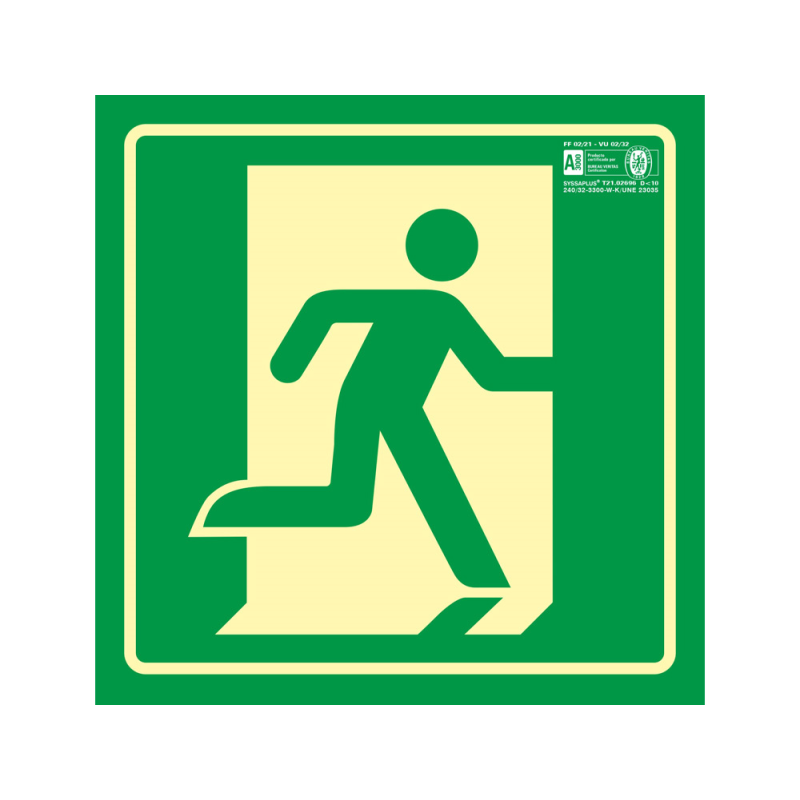 Pictograma syssa señal de salida de emergencia derecha en pvc fotoluminiscente 224x224 mm