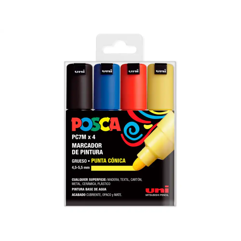 Rotulador uni posca pc-7m/4c marcador de pintura punta conica 4,5-5,5 mm estuche de 4 unidades colores basicos