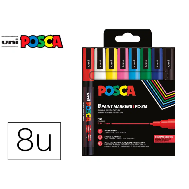 Rotulador uni posca pc-3m/8c marcador de pintura punta conica 0,9-1,3 mm estuche de 8 unidades colores basicos